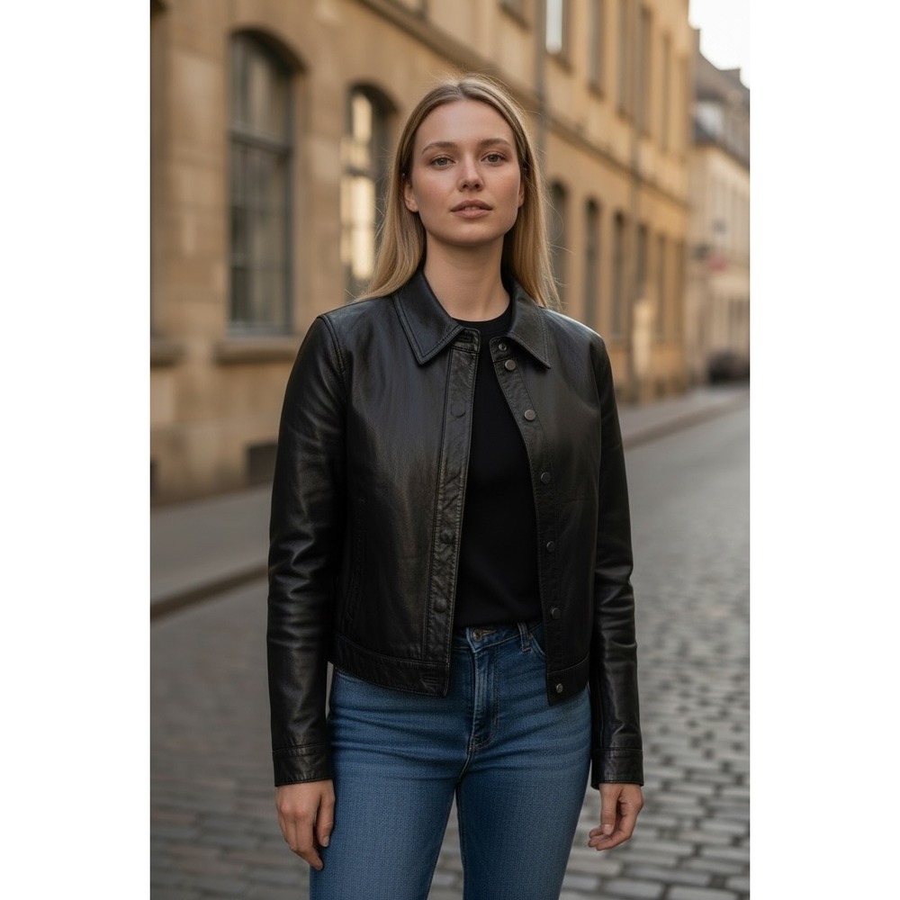 Y2K Banana Republic Black Leather Jacket Women's Size M Button Front Collar